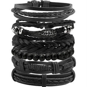 Braided Leather Bracelet Punk Cuff Wrap Bracelets for Men Women Adjustable Black