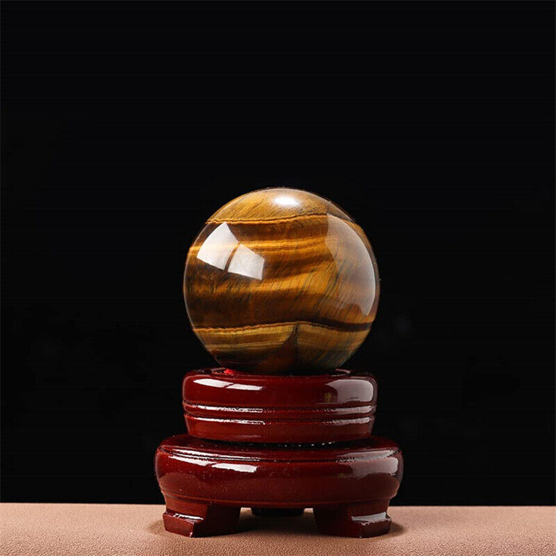 Natural Tiger Eye Healing Crystal Ball Gemstone Sphere with Wood Stand Sculpture