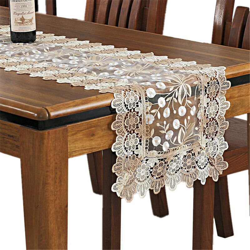 Lace Floral Embroidery Table Runner, Polyester Rectangle Transparent Dresser Scarf for Home Dining Room Tabletop Decoration, 16 x 48 Inches, Beige