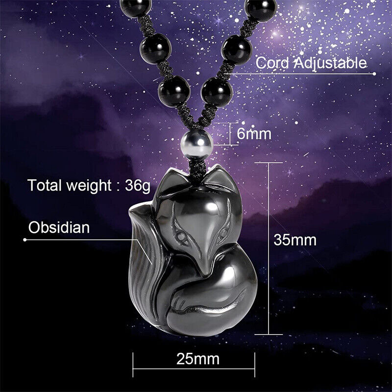 Black Obsidian Lucky Fox Necklace Natural Stone Healing Crystal Pendant