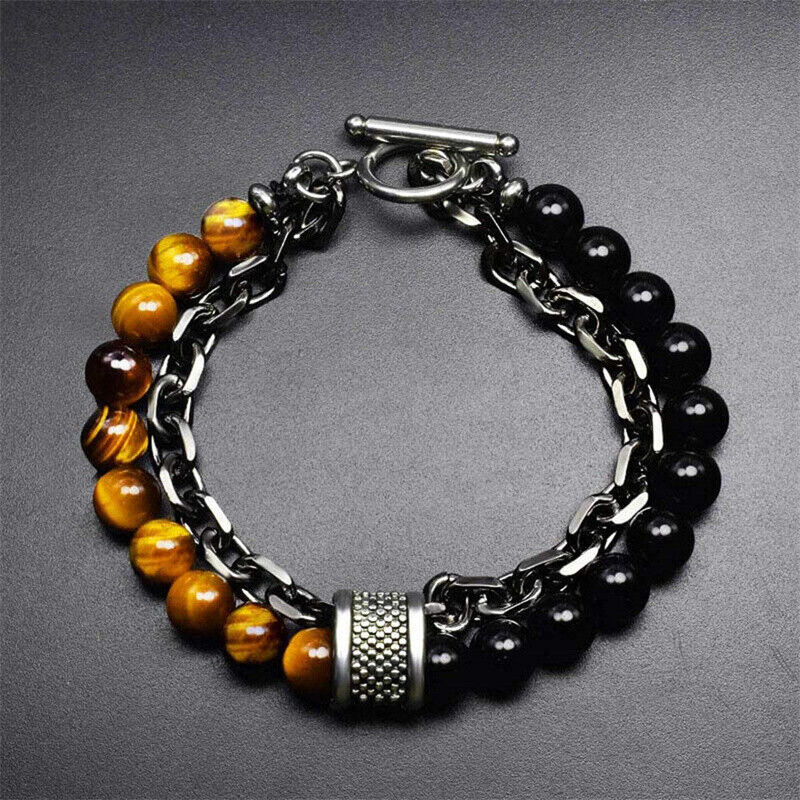 Stainless Steel Fashion Jewelry Natural Tiger Eye Obsidian Men'swomen's Bracelet