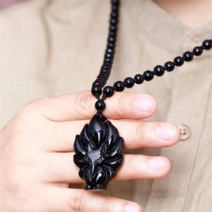 Black Obsidian Lucky Fox Necklace Natural Stone Healing Crystal Pendant