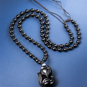 Black Obsidian Lucky Fox Necklace Natural Stone Healing Crystal Pendant