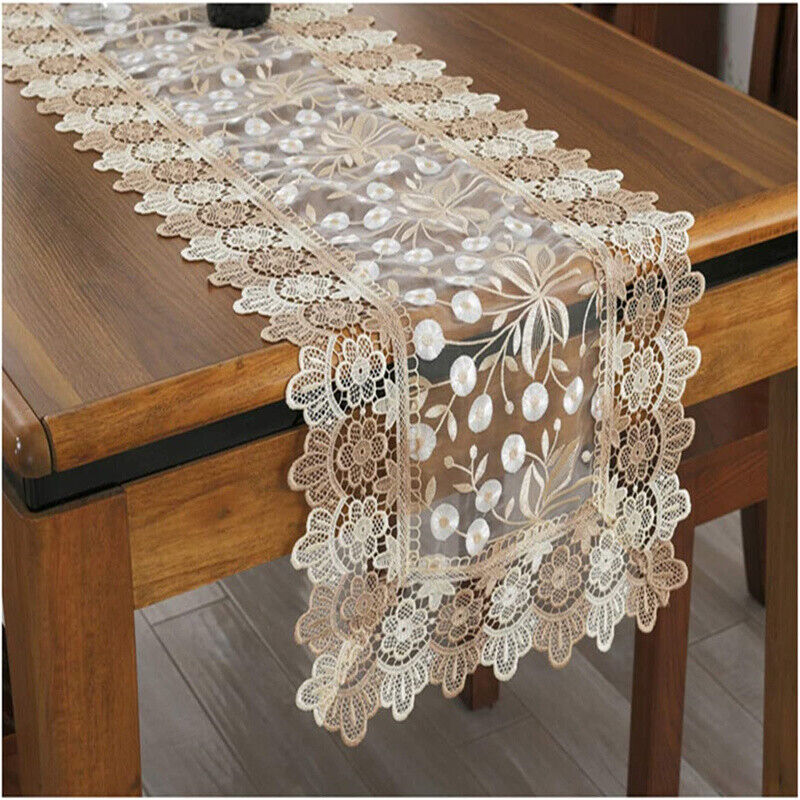 Lace Floral Embroidery Table Runner, Polyester Rectangle Transparent Dresser Scarf for Home Dining Room Tabletop Decoration, 16 x 48 Inches, Beige