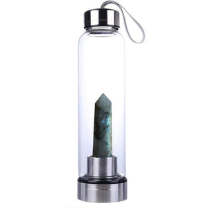 Crystal Glass Water Bottle, Water Bottle with Gemstone Center Crystal Elixir Bottle with Natural Crystal Point Healing Obelisk Wand Energy Cup