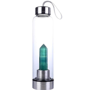 Crystal Glass Water Bottle, Water Bottle with Gemstone Center Crystal Elixir Bottle with Natural Crystal Point Healing Obelisk Wand Energy Cup