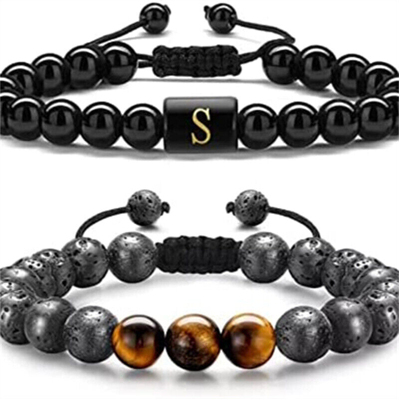 Tiger Eye Lava Rock Stone Handmade Mens Letter Obsidian Bracelet Stress Relief