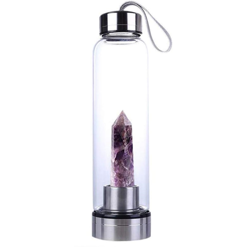 Crystal Glass Water Bottle, Water Bottle with Gemstone Center Crystal Elixir Bottle with Natural Crystal Point Healing Obelisk Wand Energy Cup