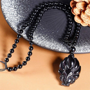 Black Obsidian Lucky Fox Necklace Natural Stone Healing Crystal Pendant