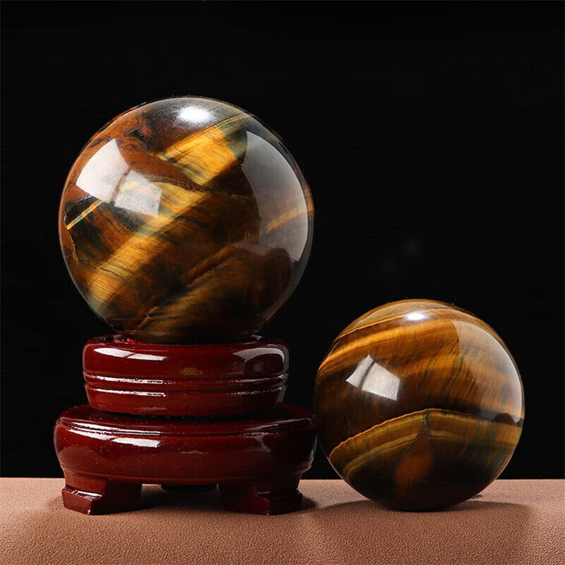 Natural Tiger Eye Healing Crystal Ball Gemstone Sphere with Wood Stand Sculpture