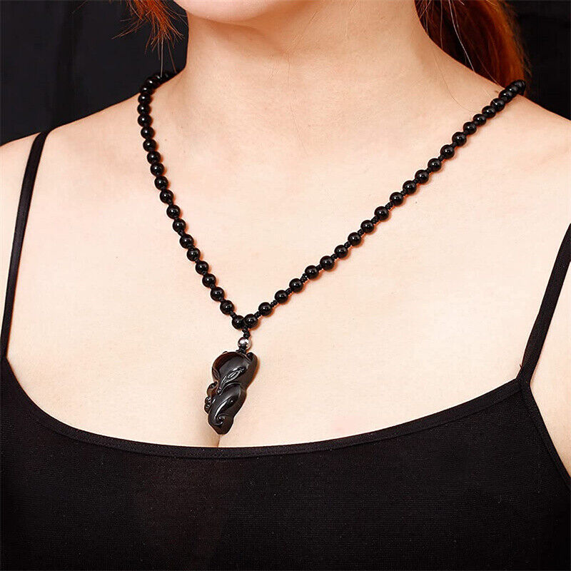 Black Obsidian Lucky Fox Necklace Natural Stone Healing Crystal Pendant