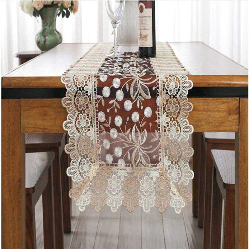 Lace Floral Embroidery Table Runner, Polyester Rectangle Transparent Dresser Scarf for Home Dining Room Tabletop Decoration, 16 x 48 Inches, Beige