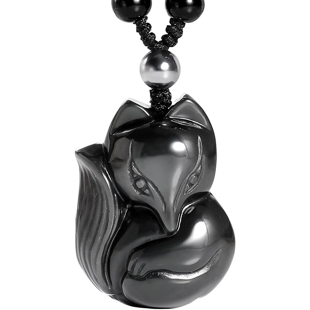 Black Obsidian Lucky Fox Necklace Natural Stone Healing Crystal Pendant