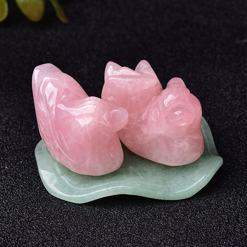 1 Set Rose Quartz Mandarin Duck Natural Crystal Stone Carved Lover Symbolize Figurine Lotus leaf decorative Home Decor Ornaments