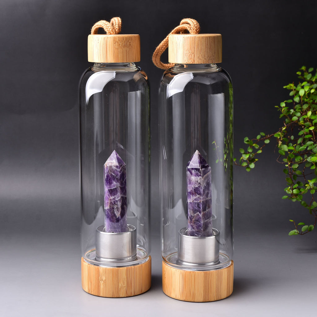 Natural Energized Point Reiki Gemstone Rose Quartz Amethyst Hand-made Energy Wooden Crystal Healing Water Bottle With Protection Case Gift