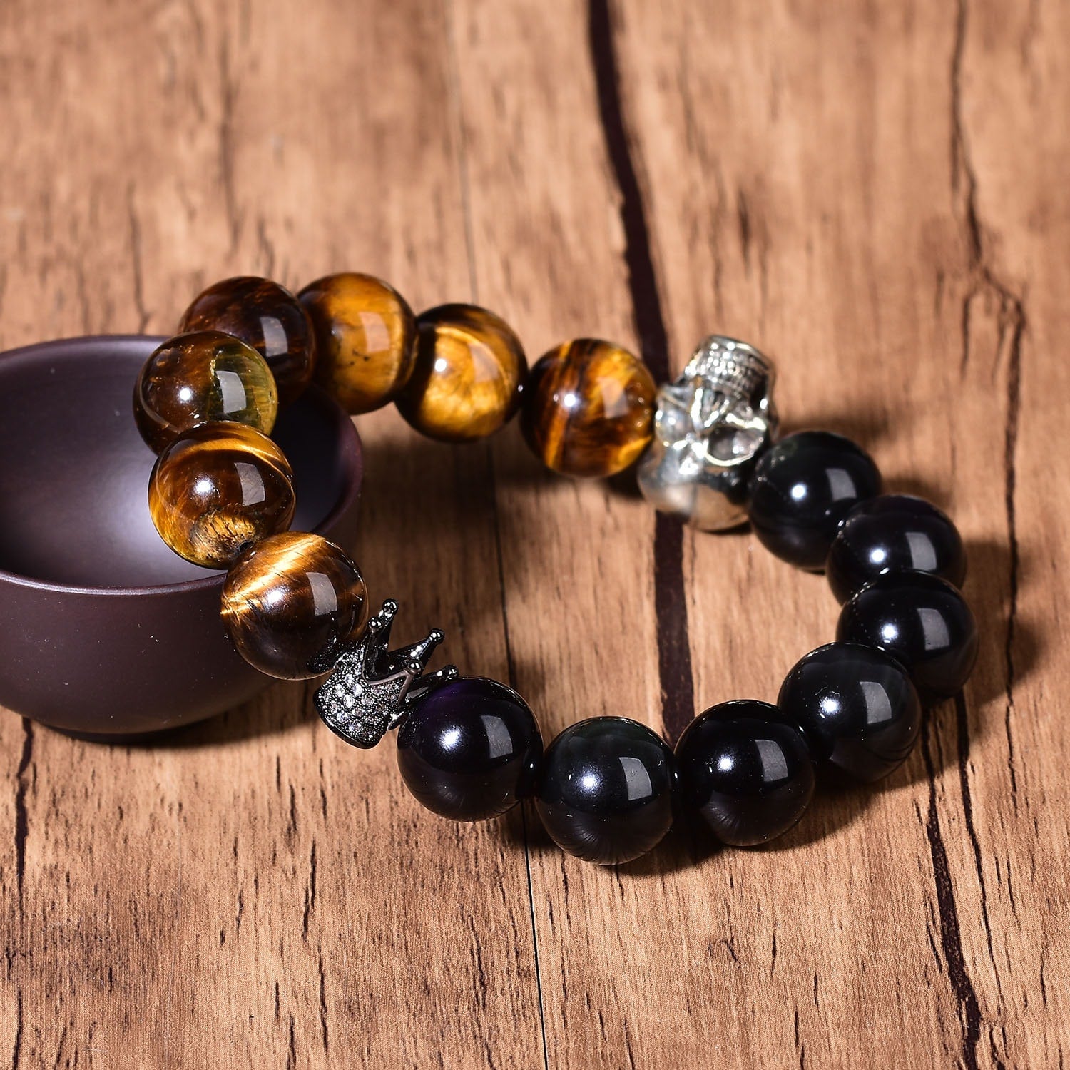 Tigers Eye and Obsidian Mixed Charm Bracelet Reiki Skull Fashion Chakra Crystal Beads Energized Gift Hand-Made Chakra Elastic Bracket