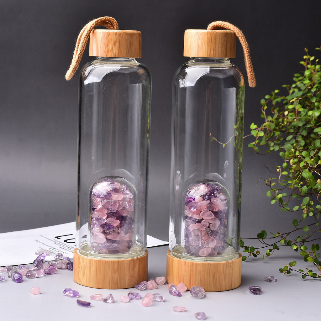 Natural Gravel Reiki Gemstone Rose Quartz and Amethyst Hand-made Energy Wooden Crystal Healing Water Bottle With Protection Case Gift