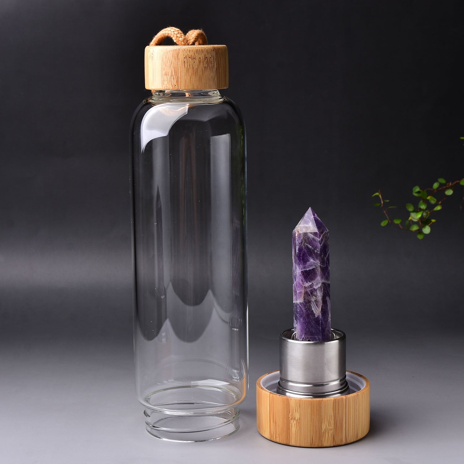 Natural Energized Point Reiki Gemstone Rose Quartz Amethyst Hand-made Energy Wooden Crystal Healing Water Bottle With Protection Case Gift