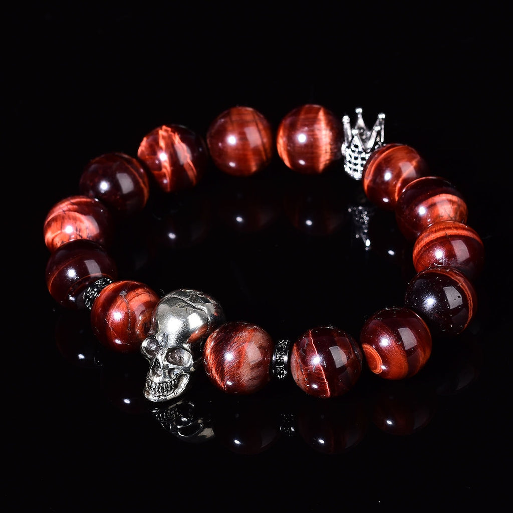 Natural Red Tigers Eye Bracelet Reiki Style Skull Fashion Chakra Crystal Beads Hand-Made Design  Gemstone Bracket  Elastic Balancing Energy