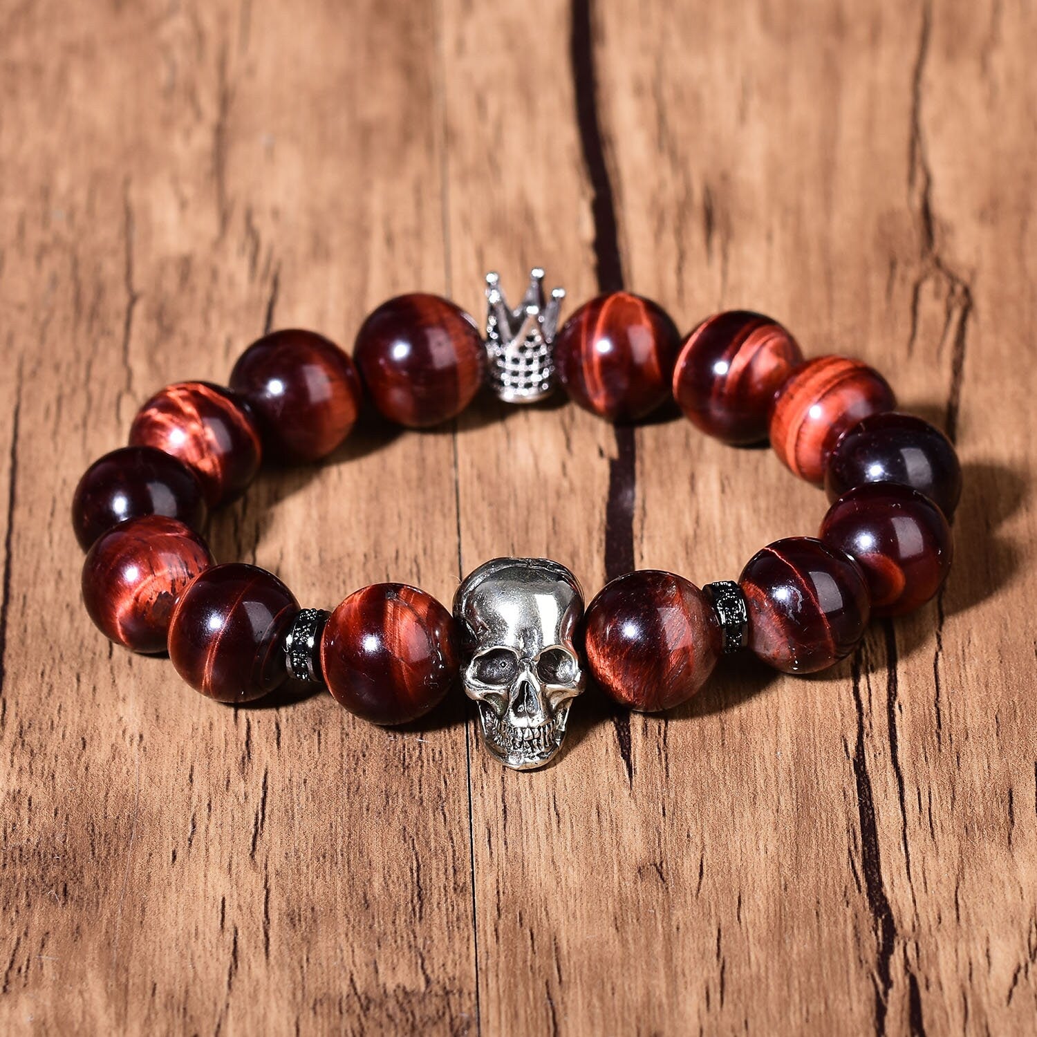 Natural Red Tigers Eye Bracelet Reiki Style Skull Fashion Chakra Crystal Beads Hand-Made Design  Gemstone Bracket  Elastic Balancing Energy