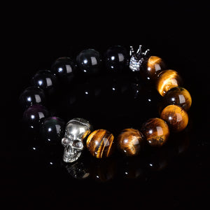 Tigers Eye and Obsidian Mixed Charm Bracelet Reiki Skull Fashion Chakra Crystal Beads Energized Gift Hand-Made Chakra Elastic Bracket