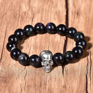 12mm Natural Obsidian Reiki Bracelet Chakra Skull Fashion Crystal Bead Silver Decor Hand-Made  Energized Crystal Healing Charm Bracelet