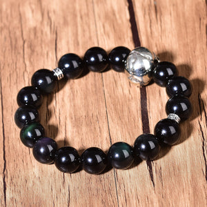 12mm Natural Obsidian Reiki Bracelet Chakra Skull Fashion Crystal Bead Silver Decor Hand-Made  Energized Crystal Healing Charm Bracelet