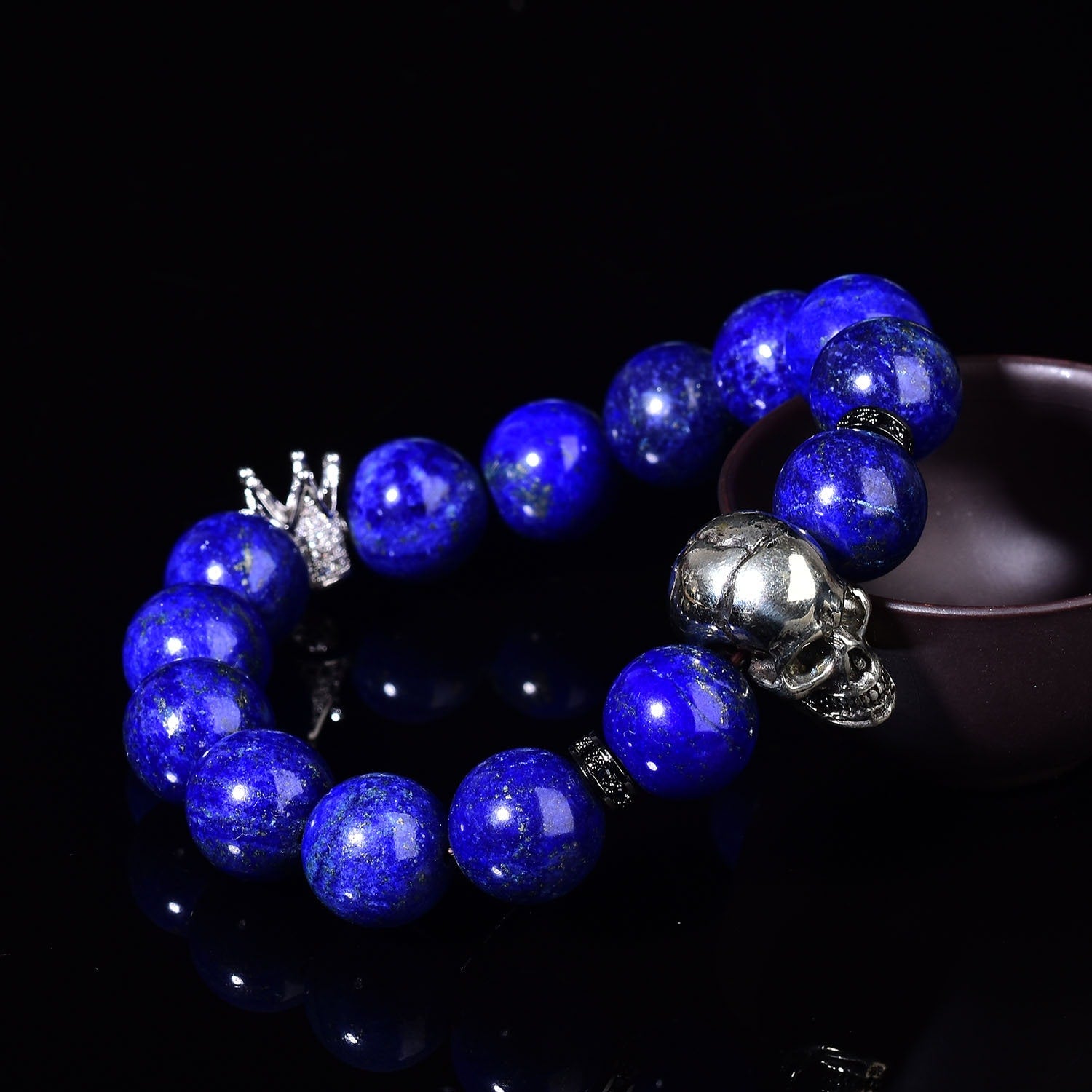 Natural Blue Lazurite Quartz Charm Bracelet Reiki Lapis Skull Healing Crystal Crown Gemstone Bracket Elastic Balancing Energy Hand-Made Gift