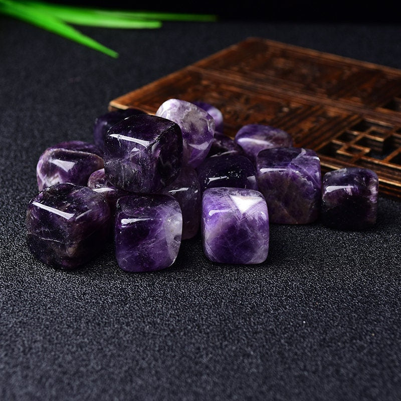 6 Pieces Polished Natural Dream Amethyst CUBE Tumbled Stone Gravel Square Crystal Stones Hand-Polished for Fish Tank Decor Garden Healing