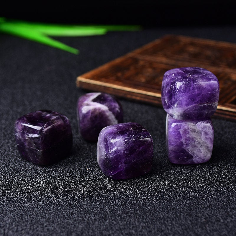 6 Pieces Polished Natural Dream Amethyst CUBE Tumbled Stone Gravel Square Crystal Stones Hand-Polished for Fish Tank Decor Garden Healing