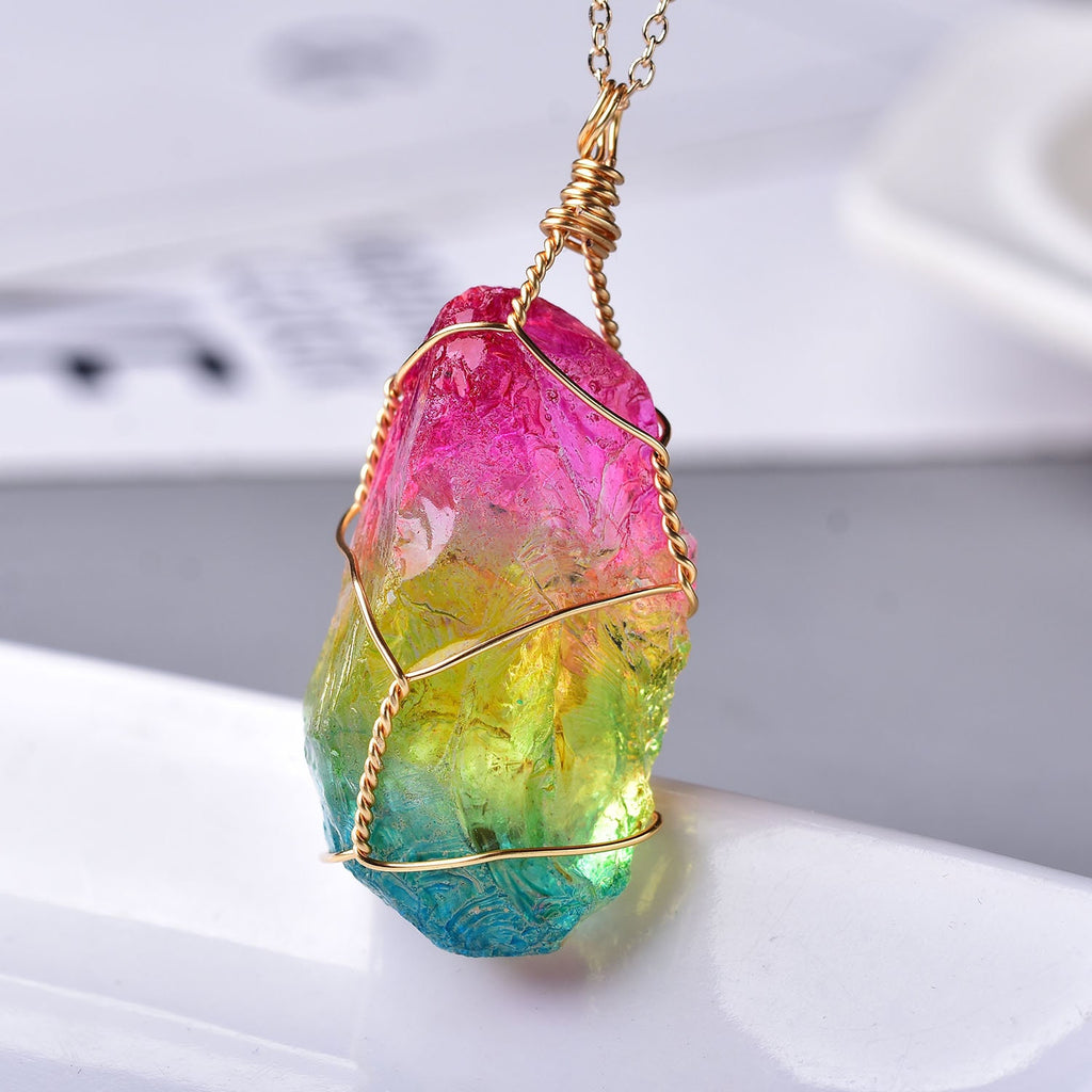 Tree Of Life Hand-Made Crystal Pendant Fashion Electroplate Mineral Jewelry Raw Crystals for Men Women Colorful Jewelry Healing Crystal