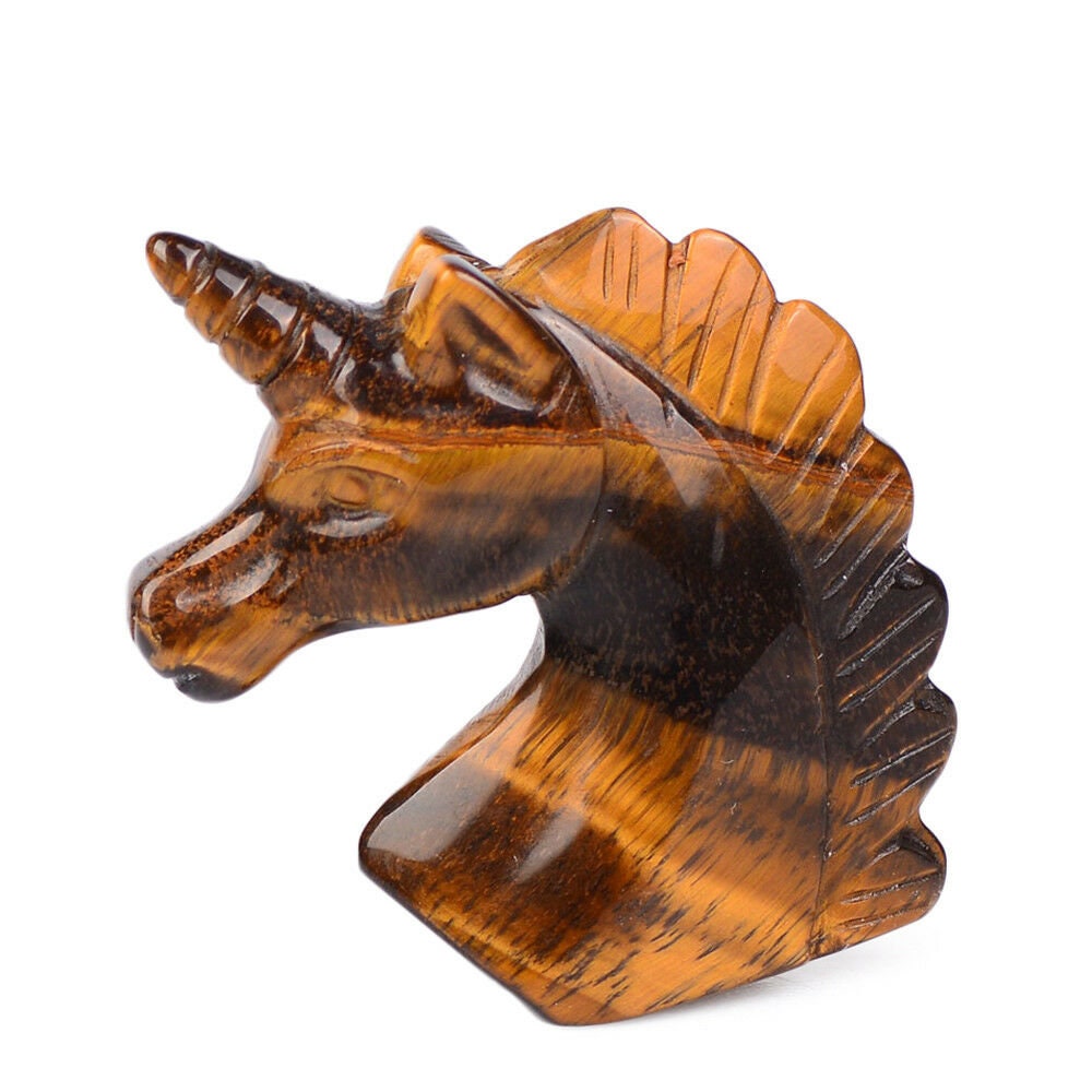 2'' Tiger-Eye Stone Crystal Unicorn Specimen Carved Horse Figurine Hand-Polished Crystal Ornaments Home Decor Holiday Gift