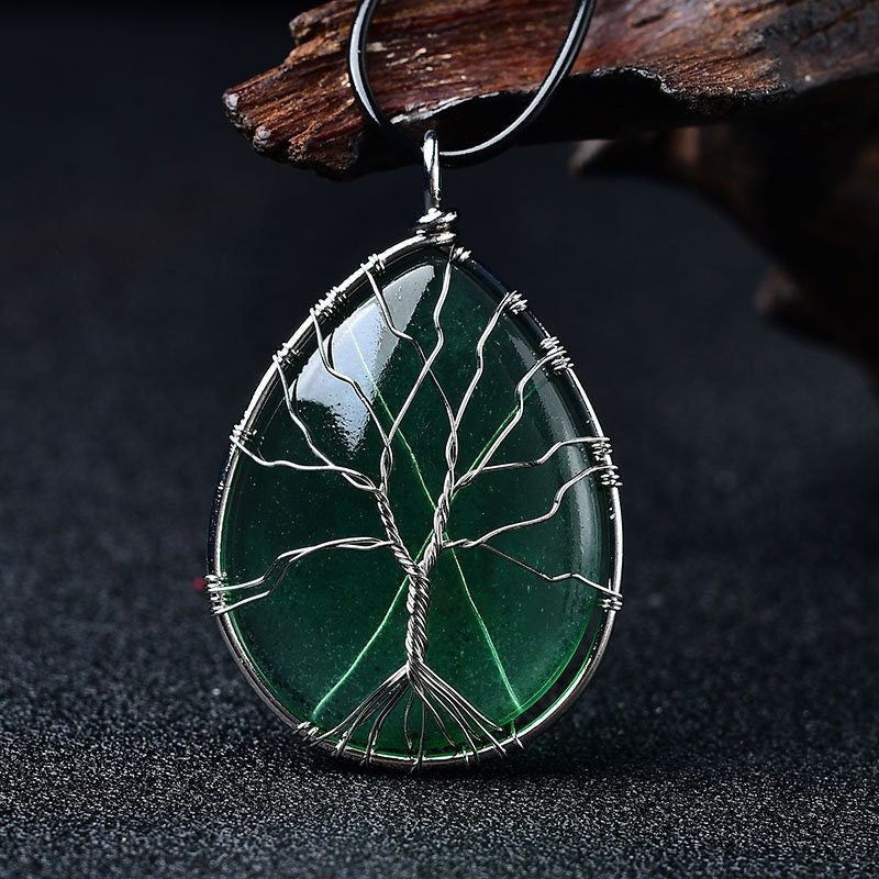 Wire Wrapped Green Tree of Life Gemstone Egg Hand Made Pendant Necklace Healing Crystal Decor Gift Chakra Stone Women Jewelry