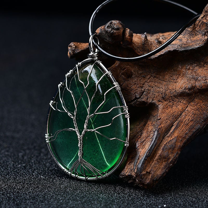 Wire Wrapped Green Tree of Life Gemstone Egg Hand Made Pendant Necklace Healing Crystal Decor Gift Chakra Stone Women Jewelry