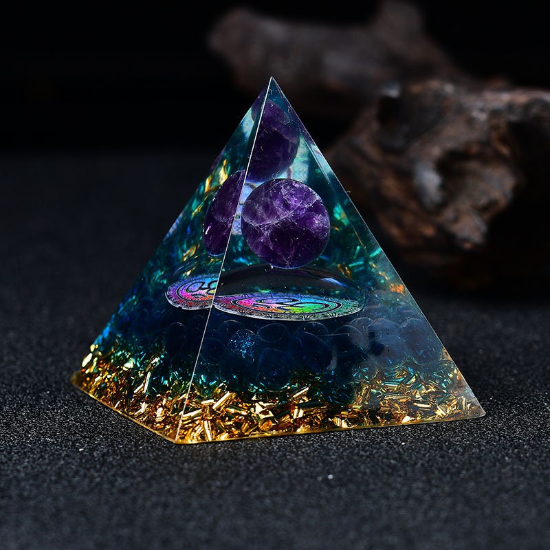 2.36‘’ Magic Orgonite Pyramid Amethyst Crystal Hand Made Sphere with Blue Quartz Crystal Home Decoration Collection Gift