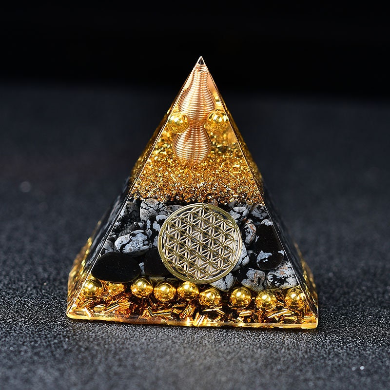 2.36‘’ Orgone Pyramid Snow Flake Obsidian Stone Hand Made Brass Quartz Healing Crystal Meditation Home Decoration Collection Gift