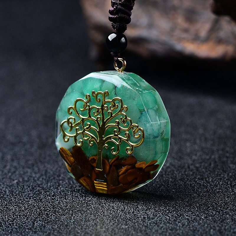 Orgonite Pendant Necklace Tree of Life Chakra Crystal Healing Hand Made Aventurine Stones Hand-Polished Collection Reiki Stone Gift