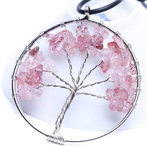 Natural Rose Crystal Gemstone Tree of Life Pendant Healing Crystals Tumbled Stone Craft Art Chakra Women Necklace Gift Collection