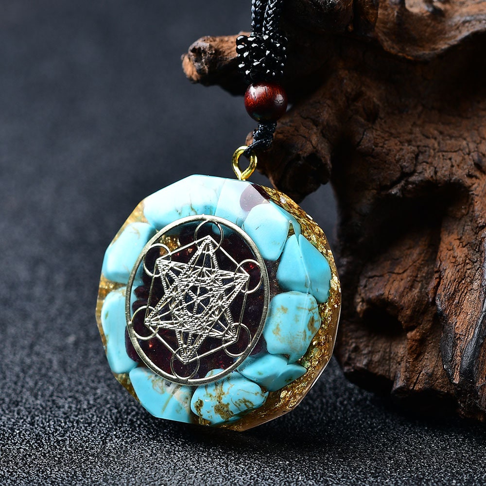 Blue Howlite Orgonite Pendant Necklace Crystal Healing Hand Made 7 Chakra Metatron Cube Craft Necklace