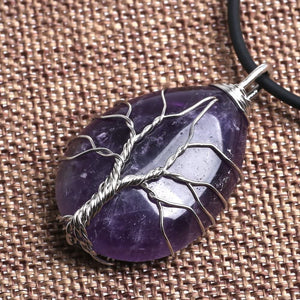 Wire Wrapped Tree of Life Natural Purple Amethyst Gemstone Teardrop Pendant Necklace Hand Made Healing Crystal Chakra Jewelry for Women