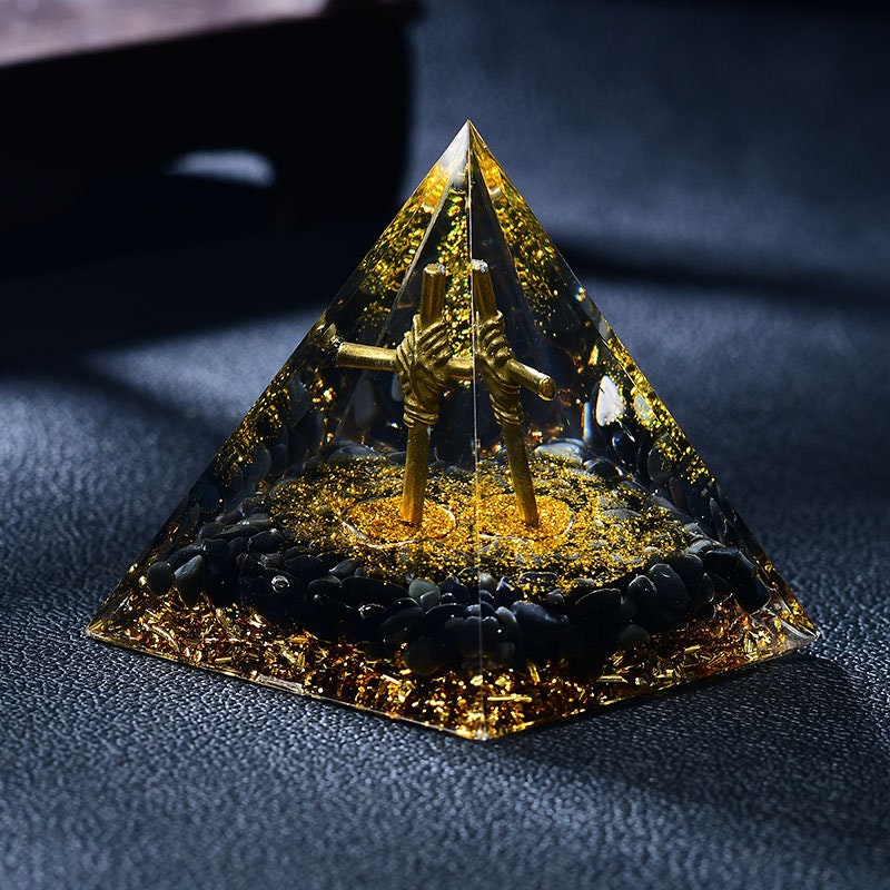 2.36‘’ Gold Cross Orgone Pyramid DIY Energy Obsidian Base Magic Orgonite Gift Healing Meditation Hand Made Home Decoration Collection