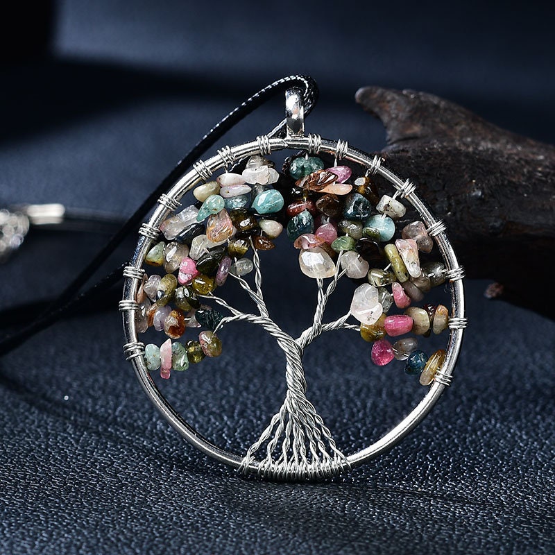 Natural Gemstone DIY Crystal Gemstone Tree of Life Pendant Healing Crystals Tumbled Stone Craft Art Chakra Women Necklace Gift Collection