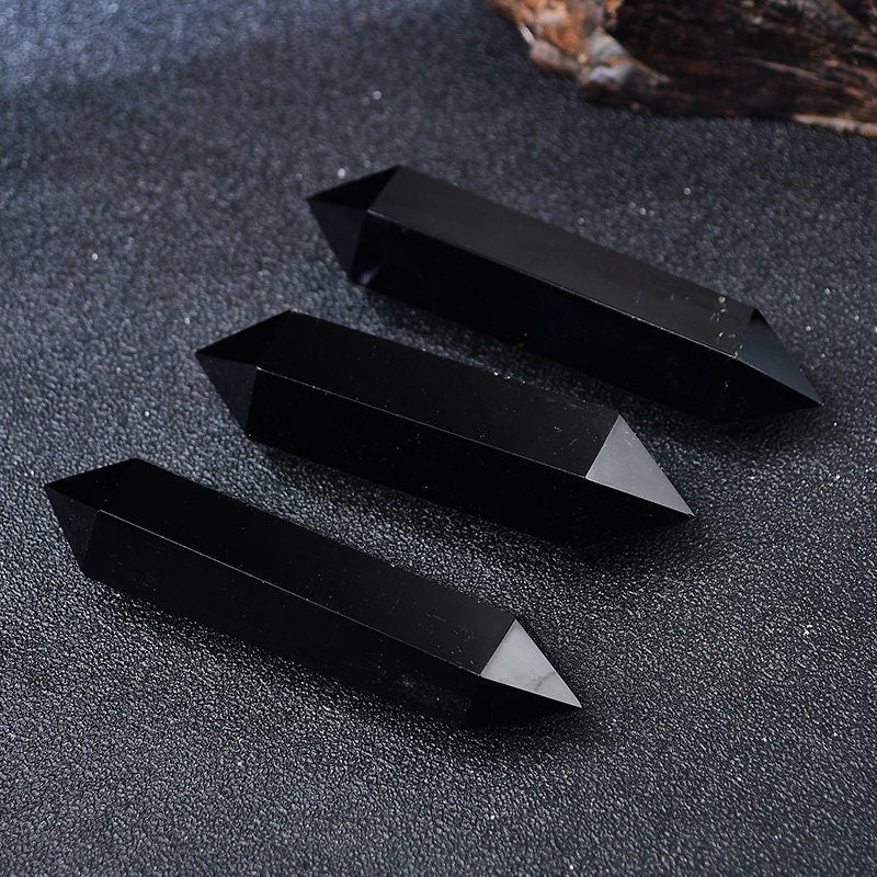 2 Pieces Natural Obsidian Quartz Dts Crystal Point Reiki Healing Meditation Chakra Room Decor Hand Made Home Double Terminated Crystal Tower