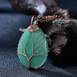 New Style Wire Wrapped Tree of Life Natural Aventurine Gemstone Teardrop Pendant Necklace Hand Made Healing Crystal Chakra Jewelry for Girl