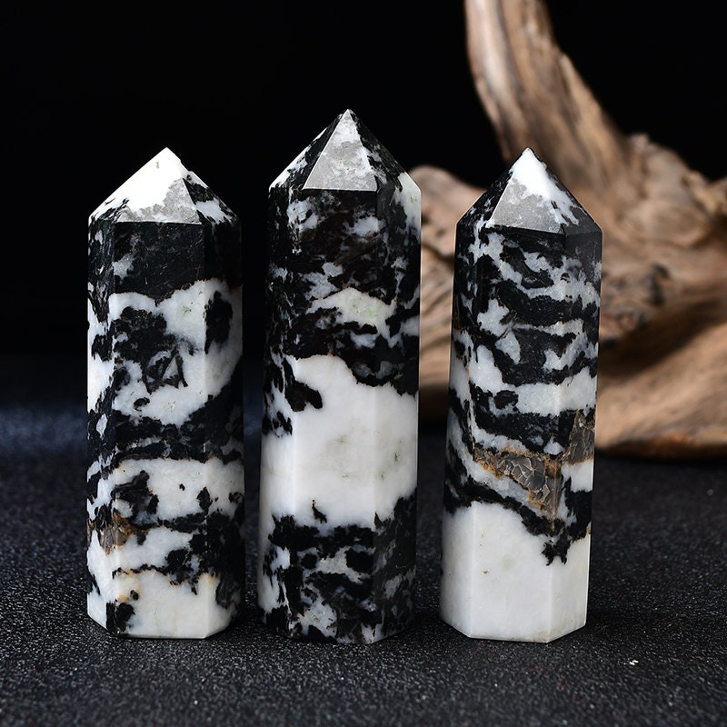 Natural Black Zebra Jasper Crytsal Tower Reiki Healing Wand Meditation Chakra Specimen Hand Polished Points Room Decor Collection Massage Gift